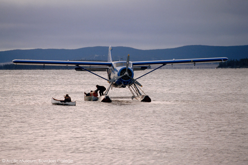 An 'Otter' float plane brings supplies to an Innu autumn hunting camp in Southern Labrador, Canada. 1997