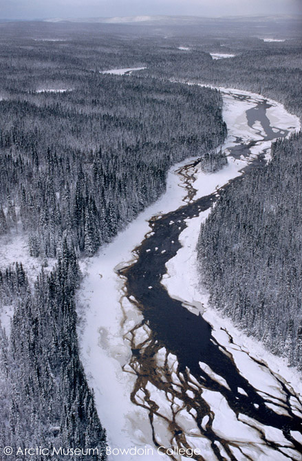 Kenamu river flows through boreal forest shortly before freeze up. Labrador, Canada. 1997