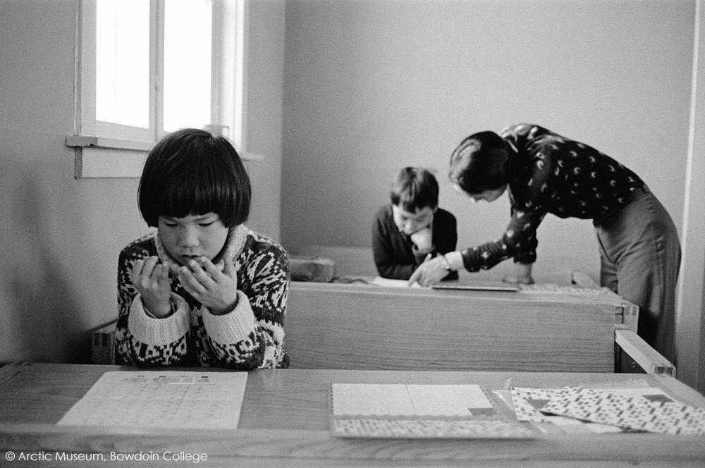 Agpalinguaq Imina,an Inuit boy, counts on his fingers during a maths lesson in the village school at Siorapaluk. Thule, Northwest Greenland. 1977