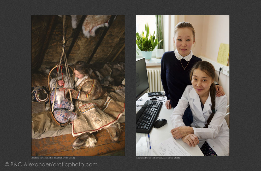 (left) Anastasia Puyko a Nenets woman with her baby daughter, Elvira, in a cradle. Photographed inside a Nenets reindeer skin tent in 1996. (Right) Anastasia with Elvira in the hospital at Yar-Sale where she works as a nurse, photographed in 2017. (Bot) Yamal, Northwest Siberia, Russia