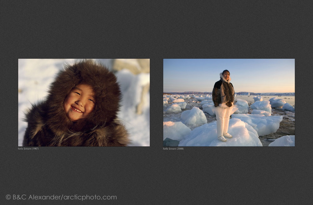 (Left) Sofie Jensen, a young Inuit girl from Qaanaaq, wearing a fox fur hood photographed in 1987. (Right) Sofie photographed on the beach at Qaanaaq in 2008. She is wearing the traditional woman's clothing of the Thule region of Northwest Greenland. (Bot) 