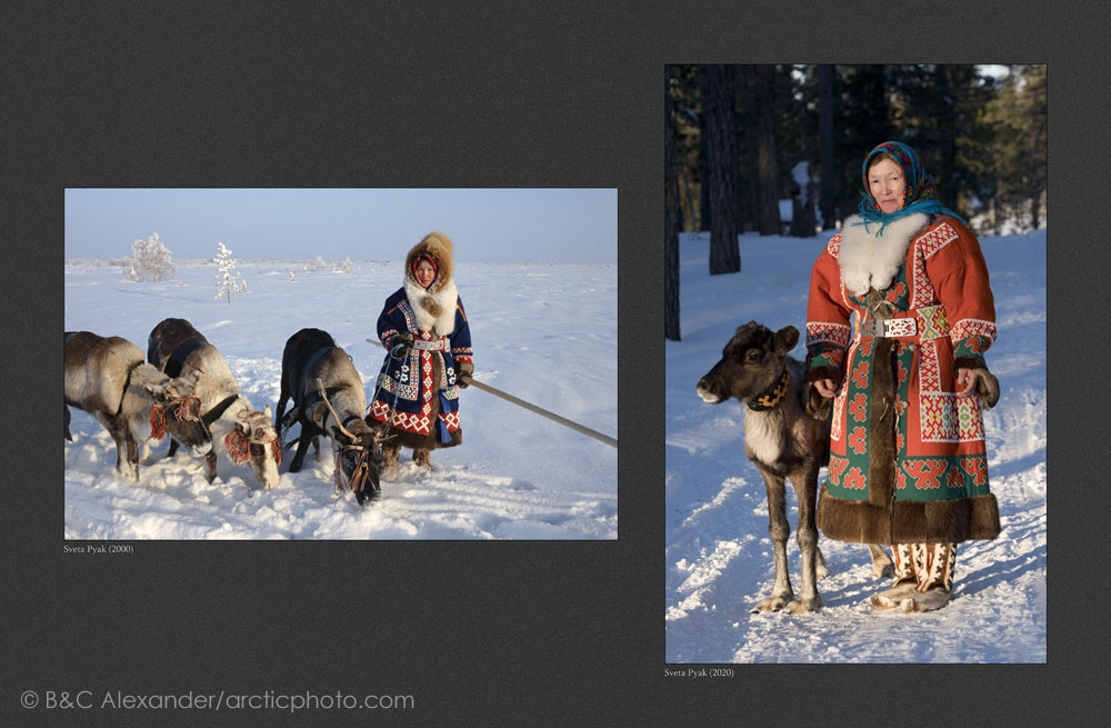 (left) Sveta Pyak, a Khanty woman, photographed out on the tundra with three of her draught reindeer in 2000. (Right) Sveta Pyak, photographed with 'Ava' a pet reindeer, photographed near Numto in 2020. (Bot) Khanty Mansiysk, Northwest Siberia, Russia