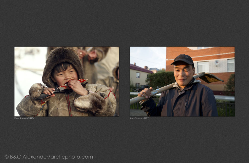 (Left) Kosta Serotetto eating reindeer meat. (1993) (Right) Kosta Serotetto working in Yar-Sale. (2021). (Bot) Yamal, Northwest Siberia, Russia.